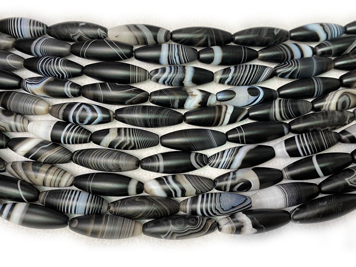 15" 10x30mm matte/frosted black stripe Agate oval/rice beads