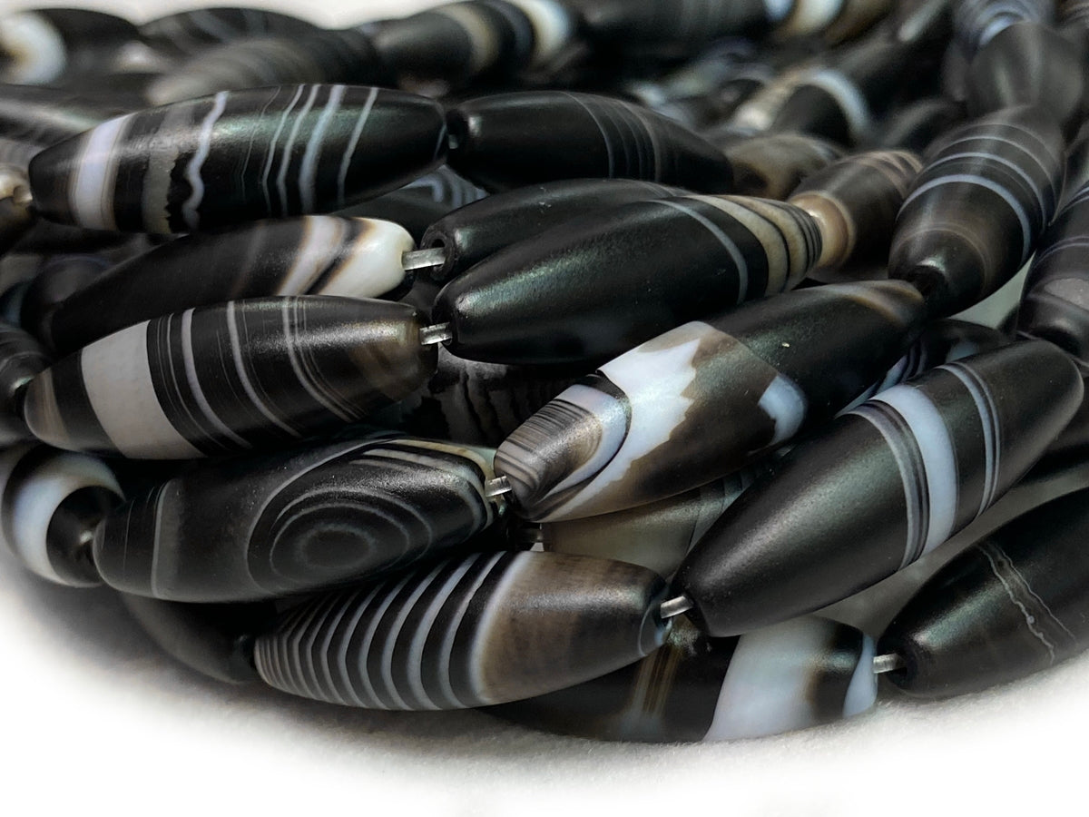 15" 10x30mm matte/frosted black stripe Agate oval/rice beads