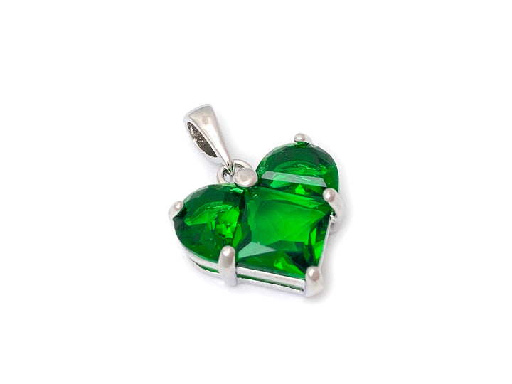 2PCS 14mm Green CZ heart, Silver Color Plated brass heart charms pendant