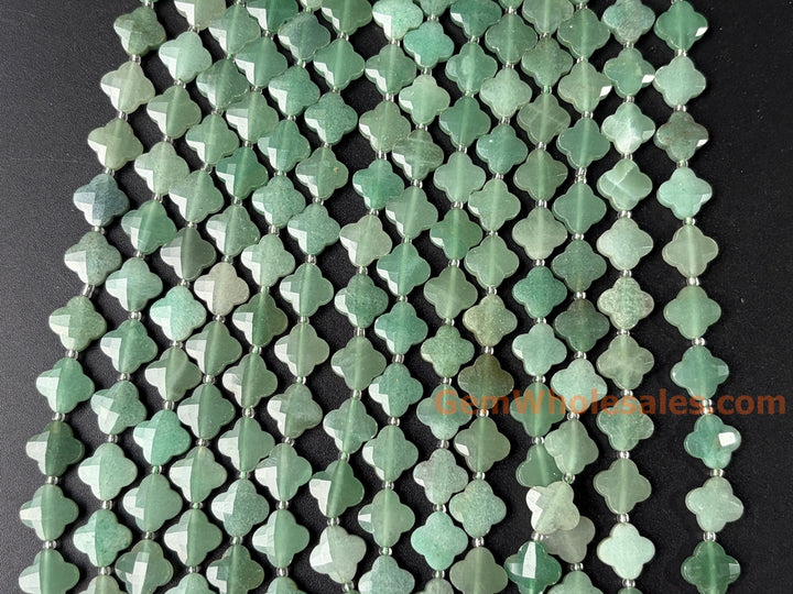 14mm Natural green aventurine faceted Clover Beads, 15.5"