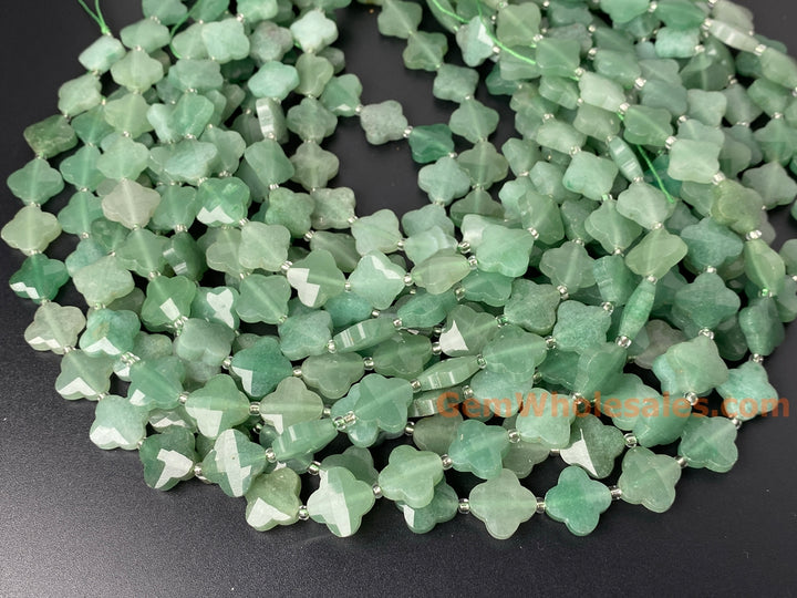 14mm Natural green aventurine faceted Clover Beads, 15.5"