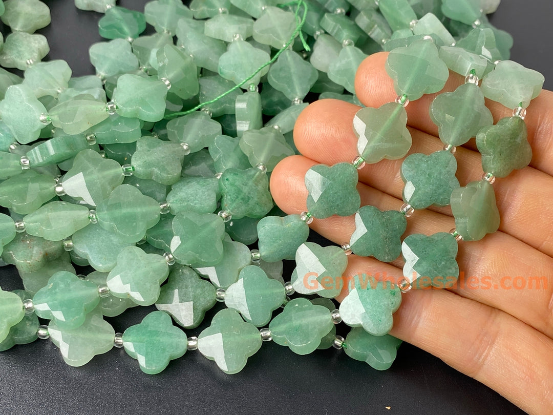14mm Natural green aventurine faceted Clover Beads, 15.5"