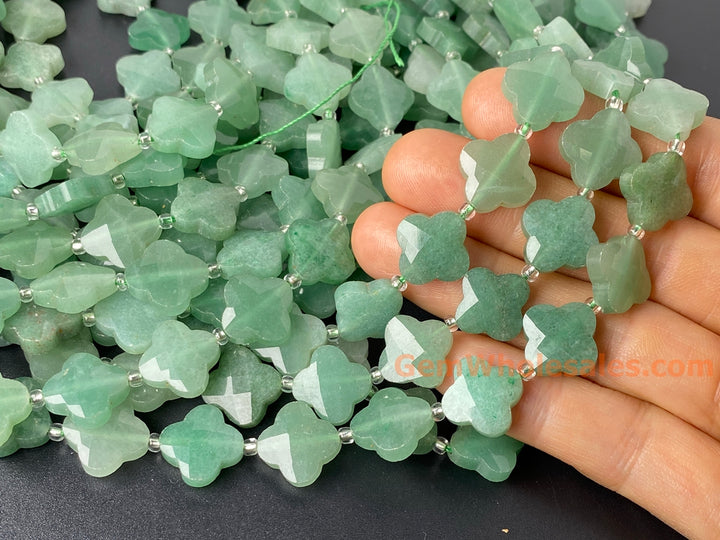 14mm Natural green aventurine faceted Clover Beads, 15.5"