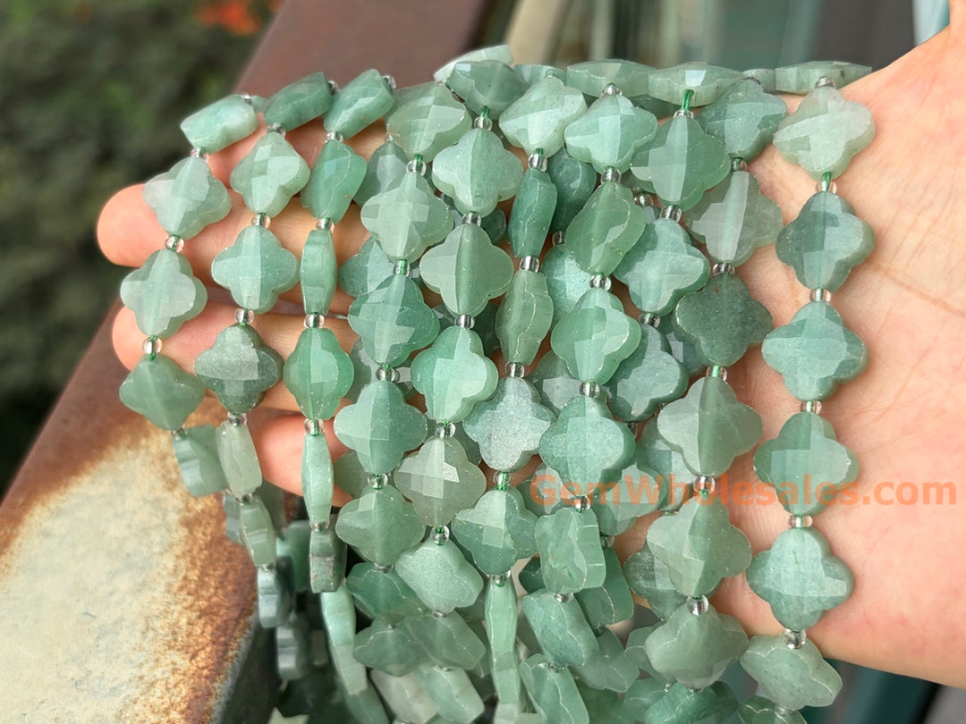 14mm Natural green aventurine faceted Clover Beads, 15.5"