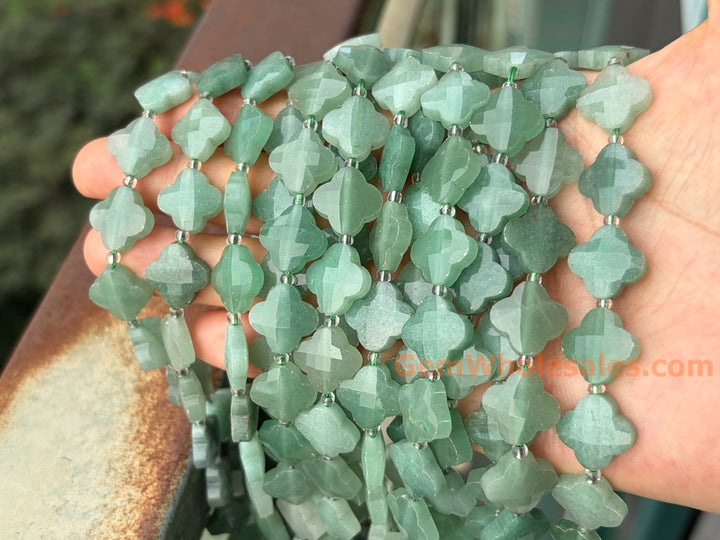 14mm Natural green aventurine faceted Clover Beads, 15.5"
