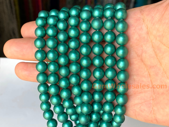 15.5" 8mm/10mm Silky Matte Shell pearl round beads dark green color