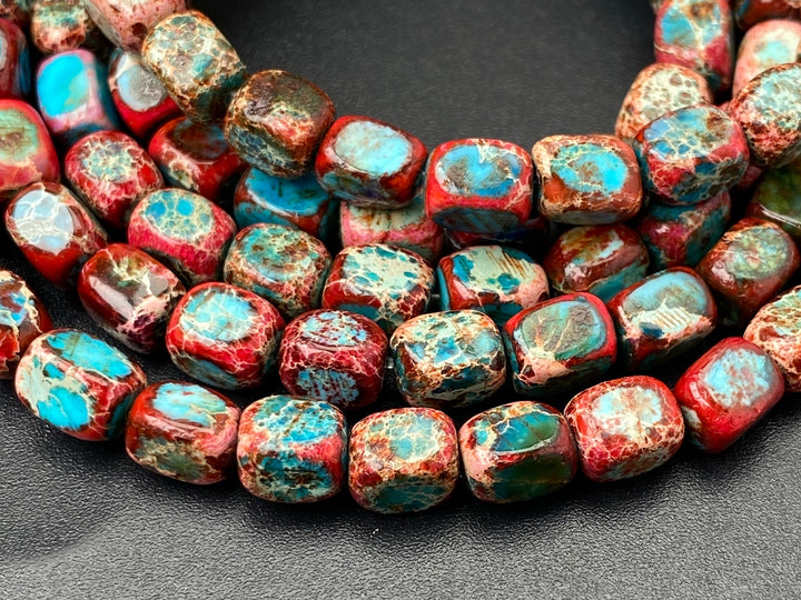 15.5“ 5x7mm red blue Sea Sediment/Impression Jasper rectangle cube beads