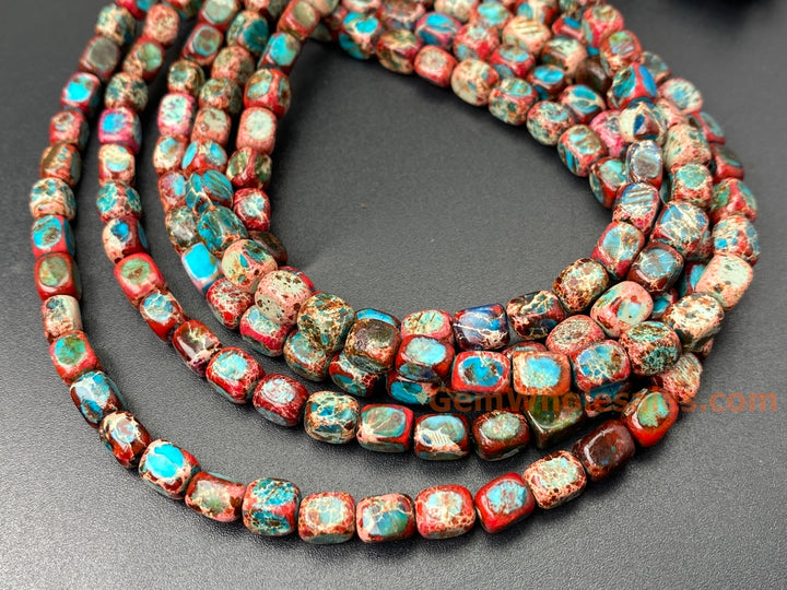 15.5“ 5x7mm red blue Sea Sediment/Impression Jasper rectangle cube beads