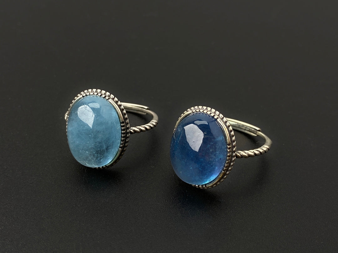 925 sterling silver rings with oval Natural aquamarine cabochon stone