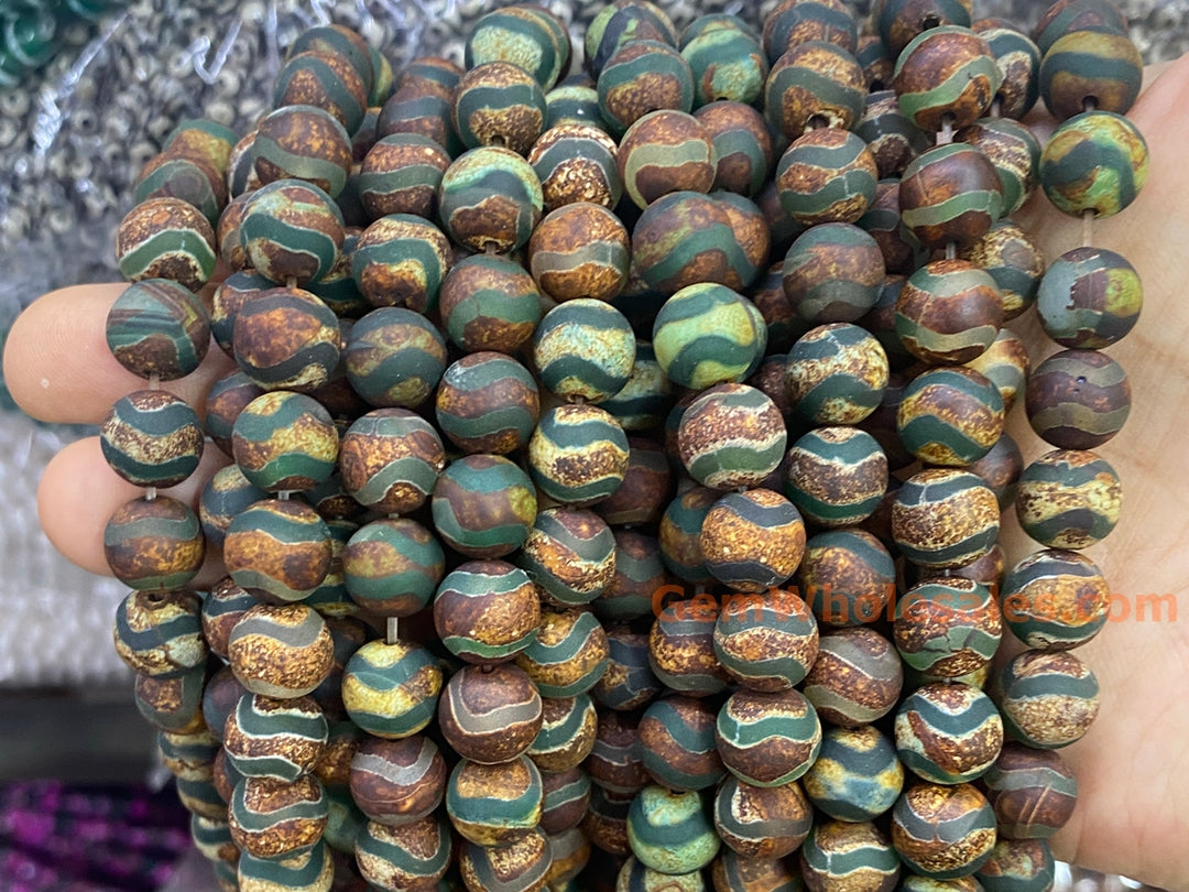 10mm matte Antique brown Green Tibetan Dzi agate round beads
