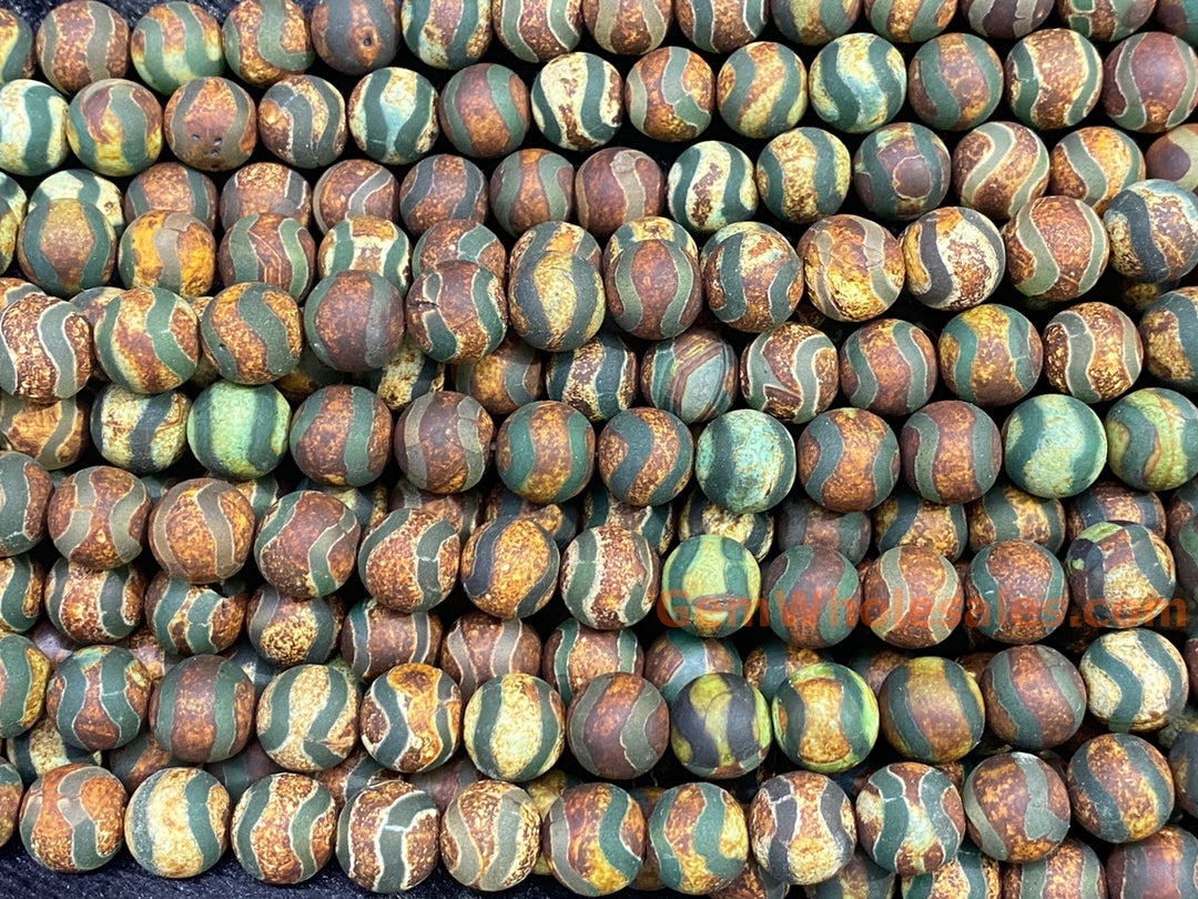 10mm matte Antique brown Green Tibetan Dzi agate round beads