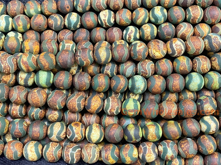 10mm matte Antique brown Green Tibetan Dzi agate round beads