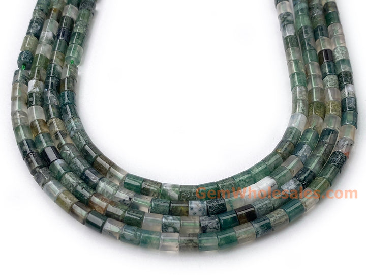 4x4mm Natural moss agate round Cylinder tube beads, 15"
