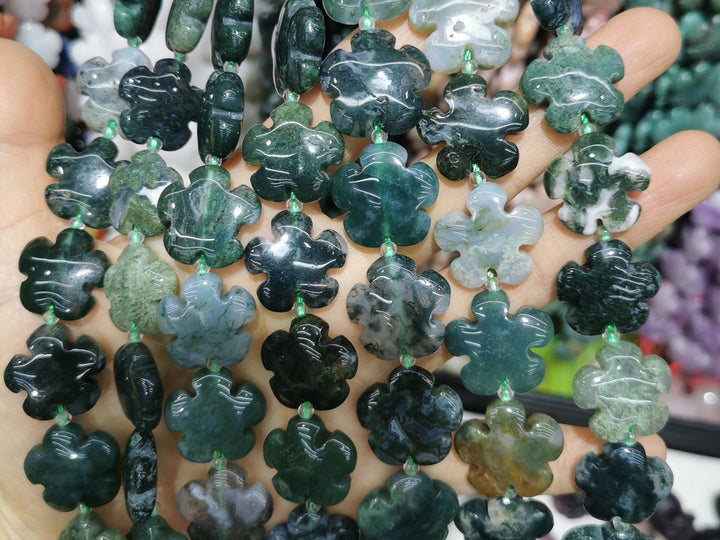 15" 15mm/20mm natural green moss Agate flower Gemstone beads