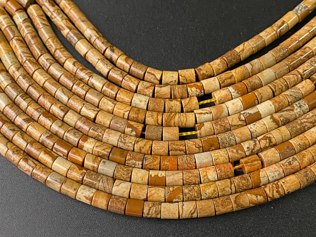 4x4mm Natural Picture Jasper round Cylinder tube beads, 15"