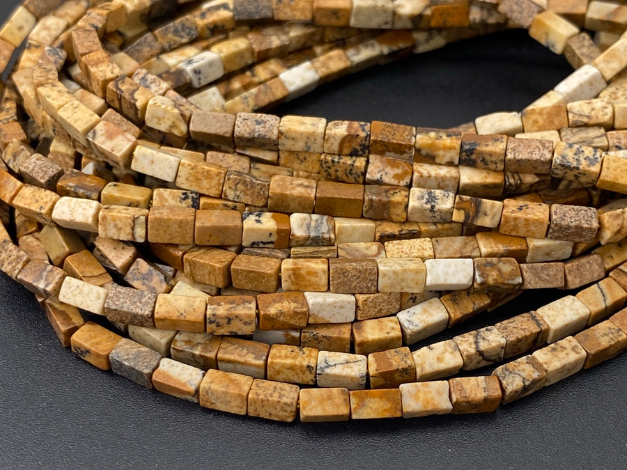 2x4mm Natural Picture Jasper rectangle tube beads close up