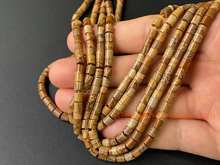 4x4mm Natural Picture Jasper round Cylinder tube beads, 15"