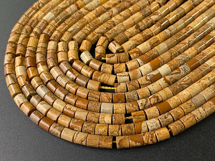 4x4mm natural picture jasper round cylinder tube beads