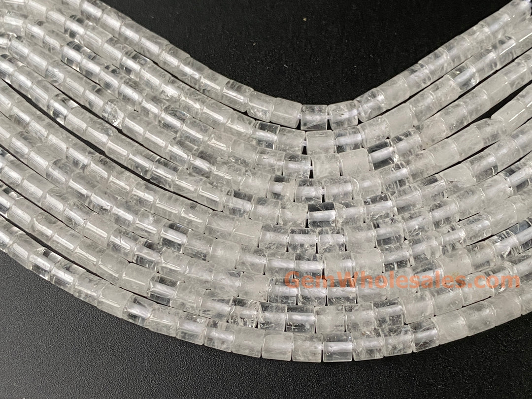 4x4mm Natural white crystal round Cylinder tube beads, 15"