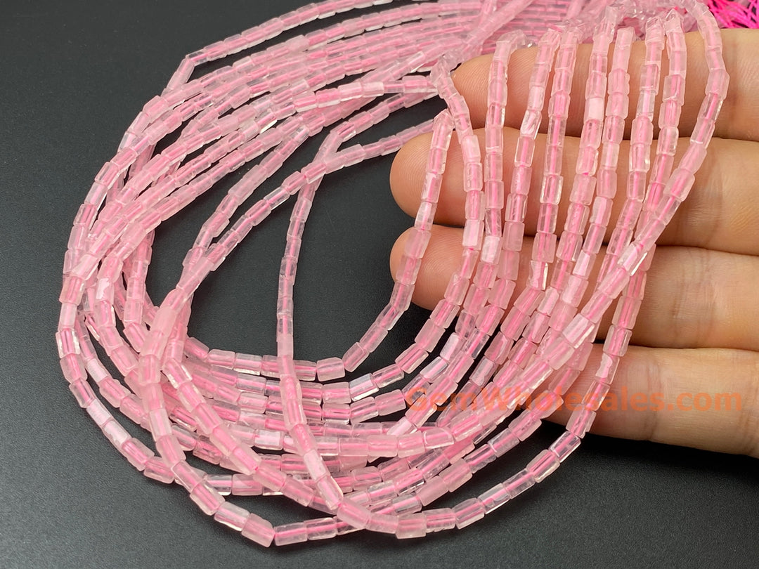 2x4mm Natural Rose Quartz rectangle tube beads close up