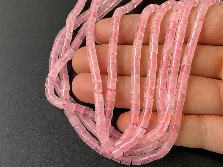 4x4mm Natural Rose quartz round Cylinder tube beads, 15"