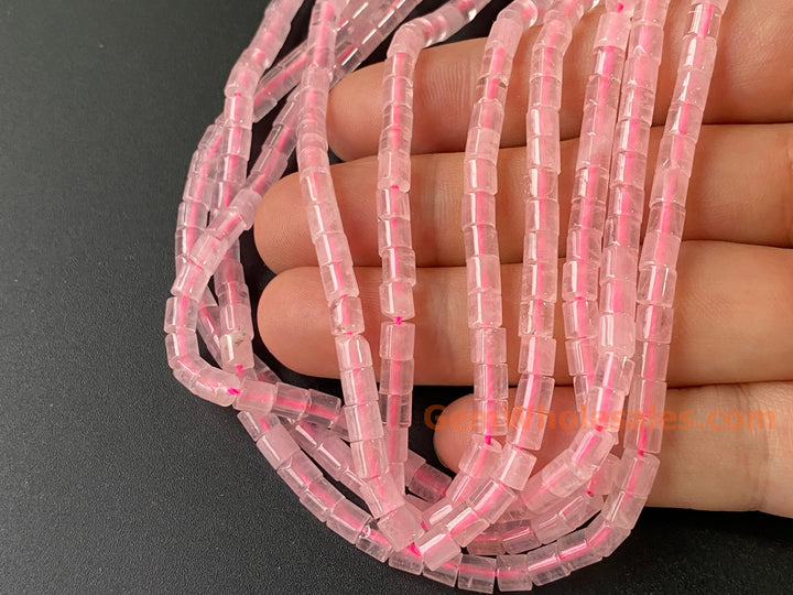 4x4mm Natural Rose quartz round Cylinder tube beads, 15"