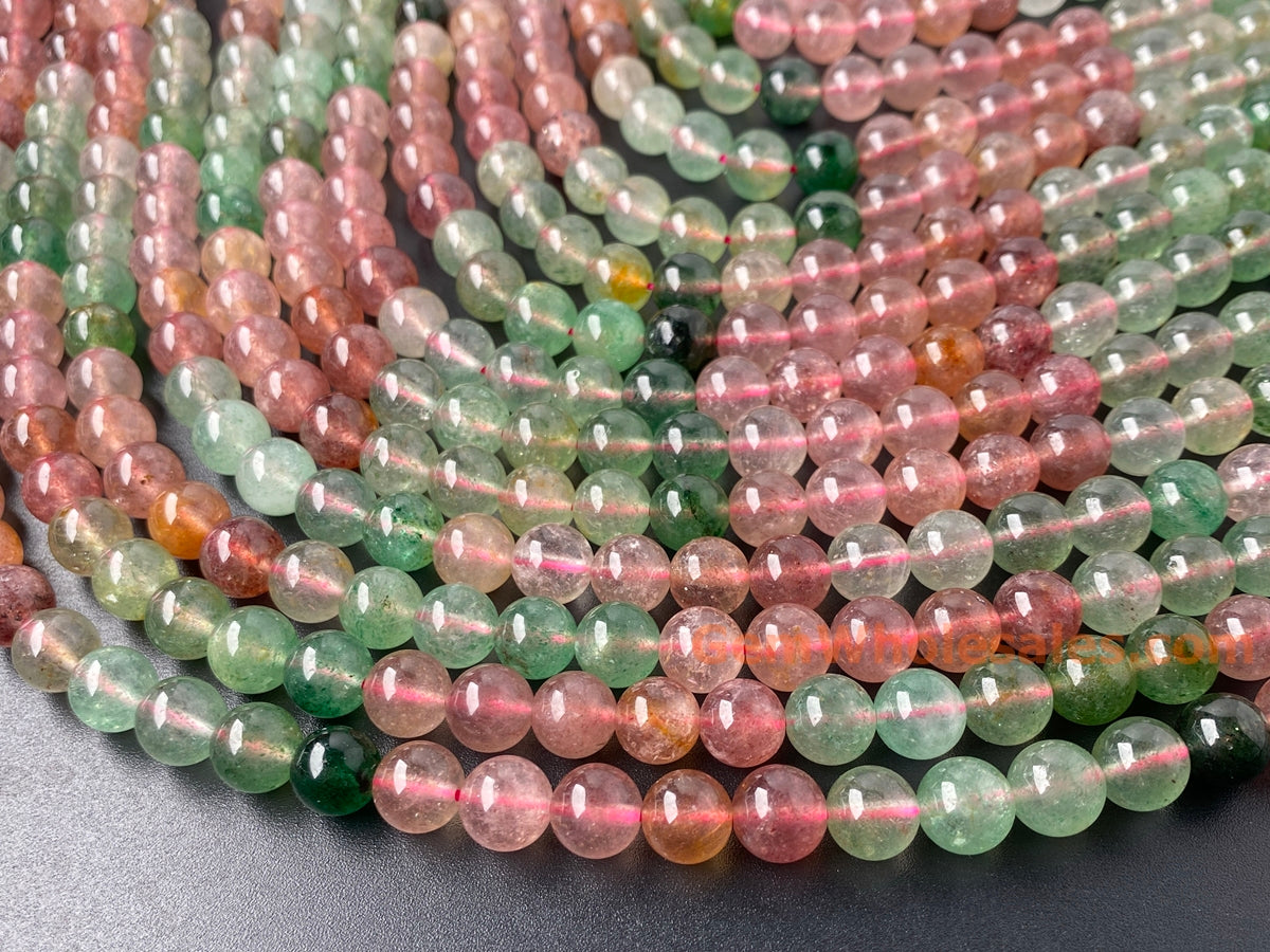 15" 8mm natural green red multi color strawberry quartz round beads