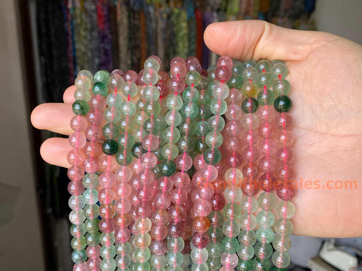 15" 8mm natural green red multi color strawberry quartz round beads