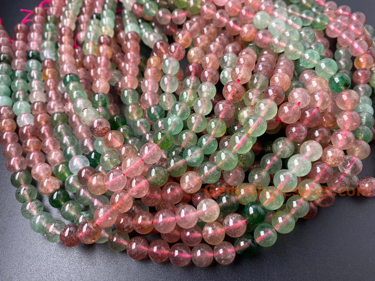 15" 8mm natural green red multi color strawberry quartz round beads