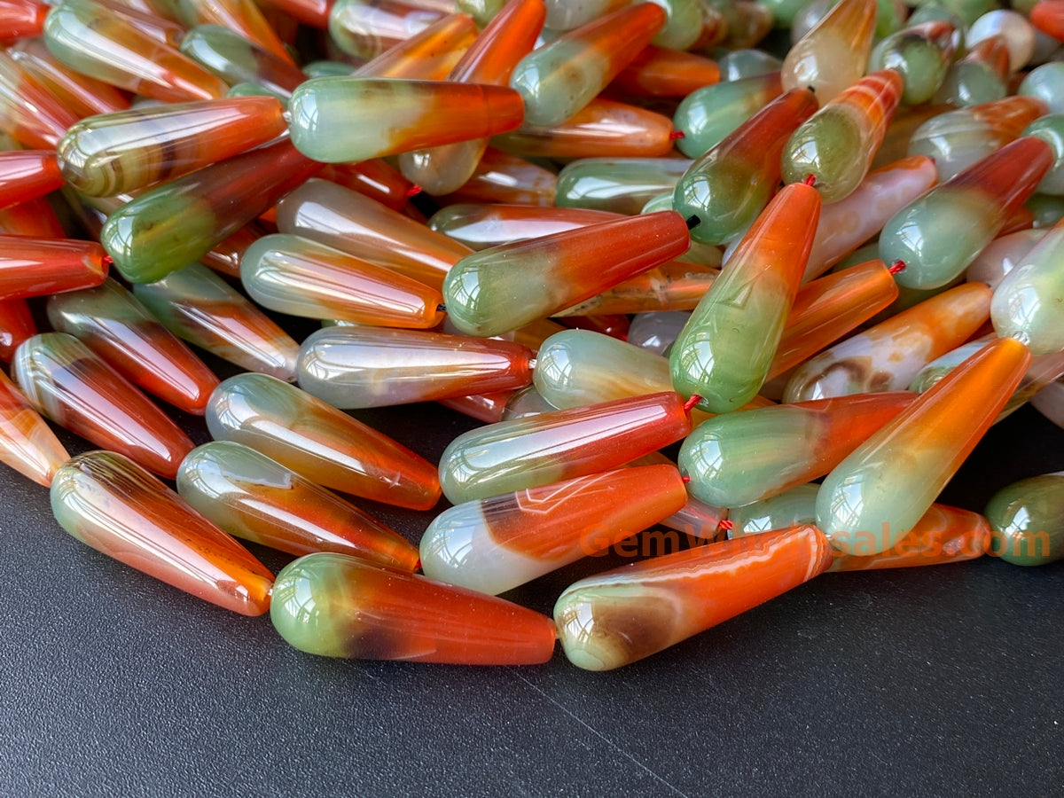 15.5" 10x30mm Green red stripe agate teardrop beads