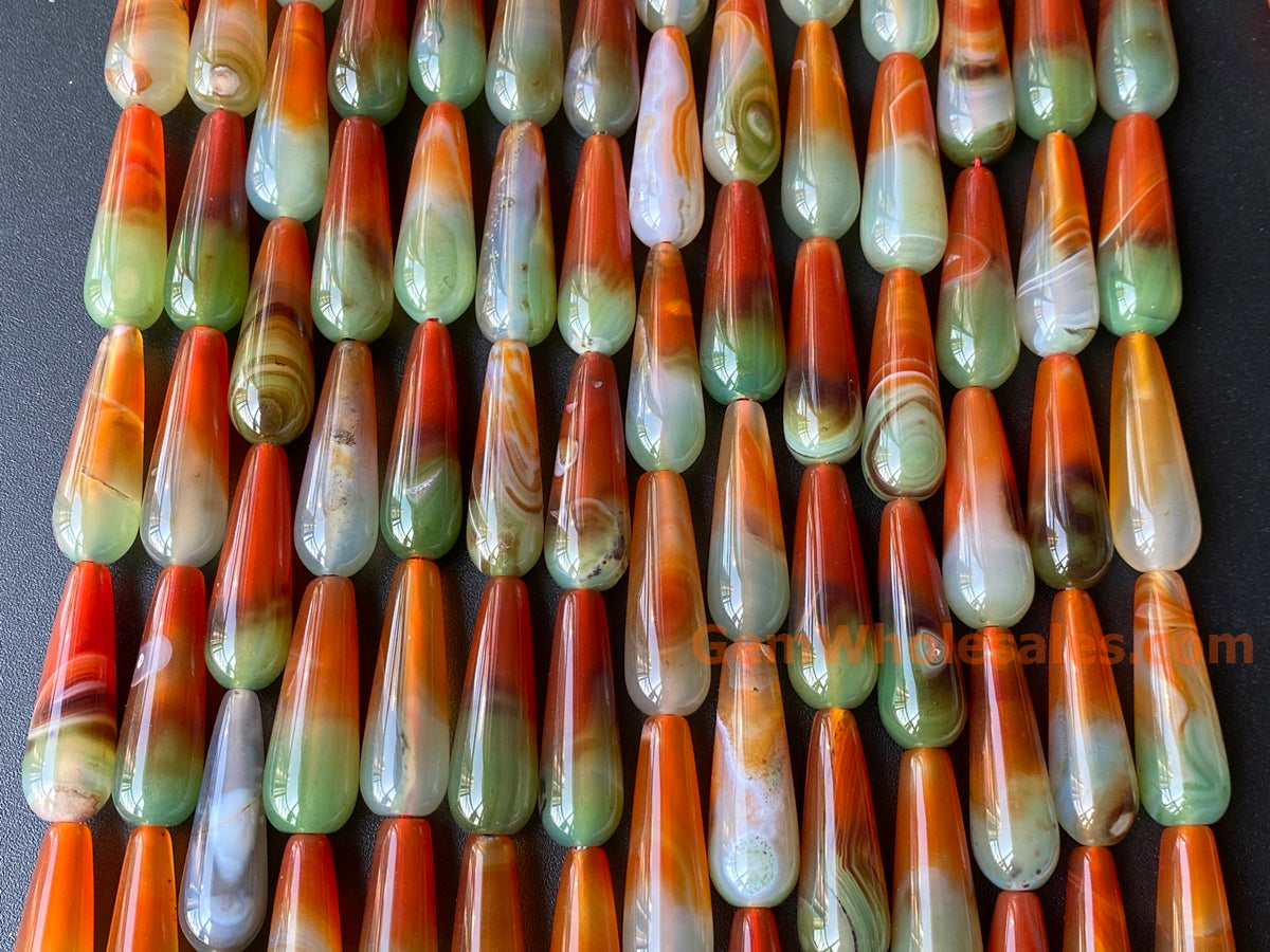 15.5" 10x30mm Green red stripe agate teardrop beads