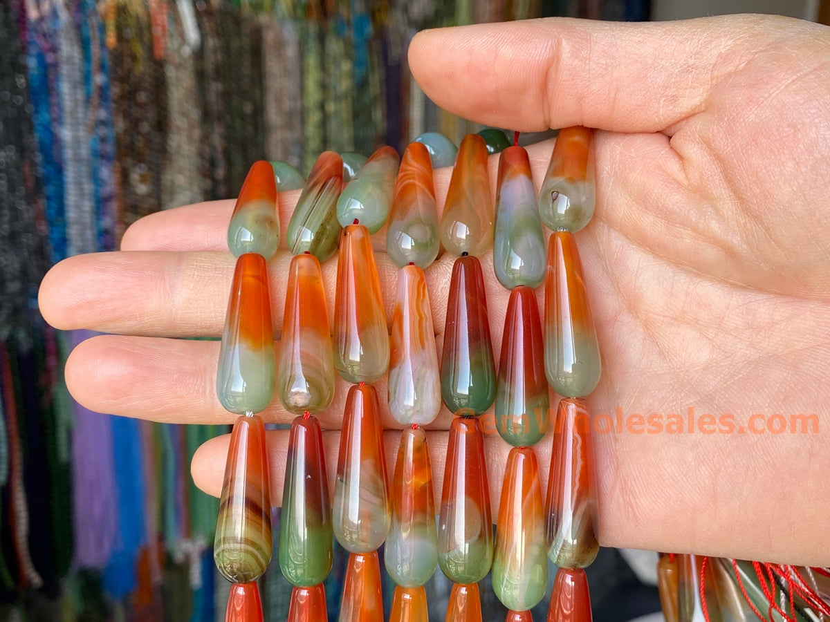 15.5" 10x30mm Green red stripe agate teardrop beads