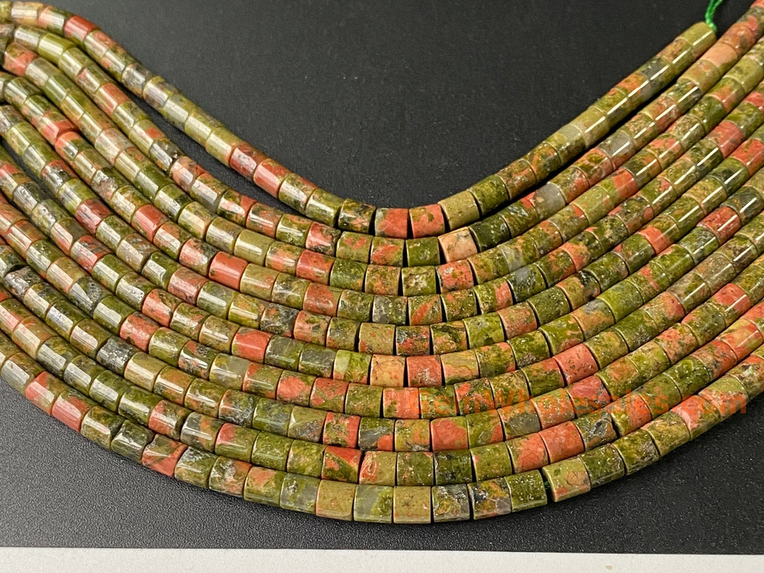 4x4mm Natural Unakite stone round Cylinder tube beads, 15"