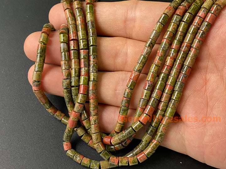 4x4mm Natural Unakite stone round Cylinder tube beads, 15"