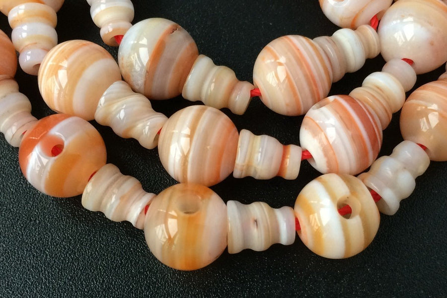 5 SETS 10mm Light Red stripe agate T hole beads set, Guru Mala Cones Beads