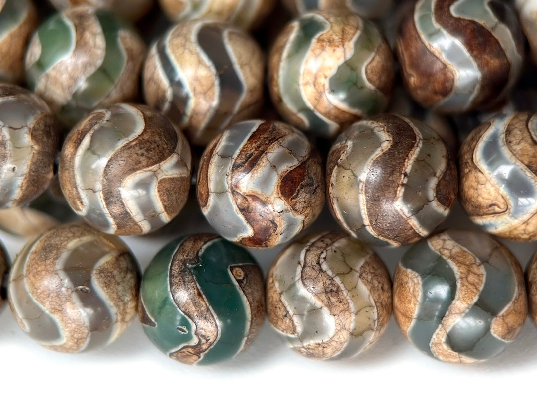 14" 8mm Antique Green Tibetan Dzi agate round beads