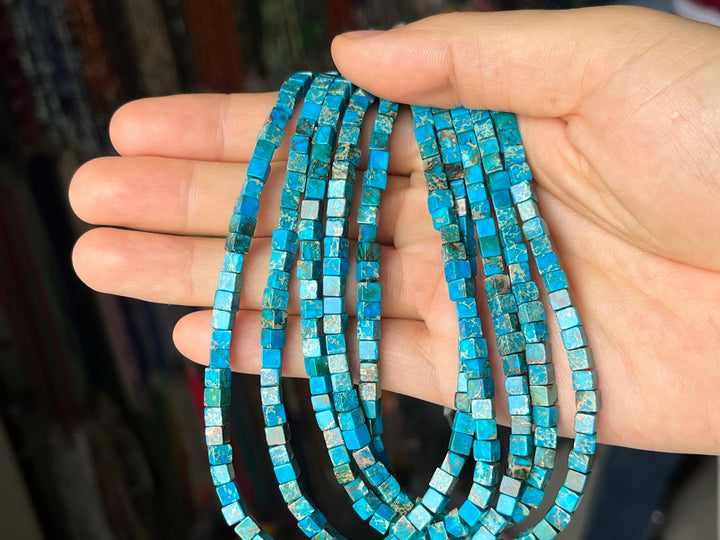 15.5" 4mm blue emperor jasper/Sea Sediment cube beads