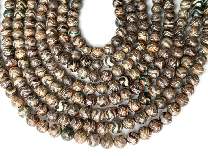14" 8mm Antique Green Tibetan Dzi agate round beads