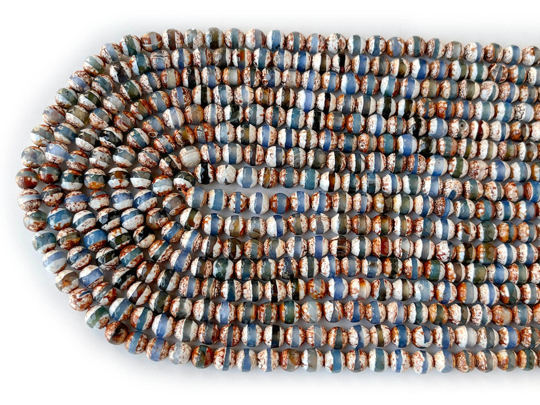 15" 6mm Antique Blue brown Bulk tibetan DZI agate round faceted beads