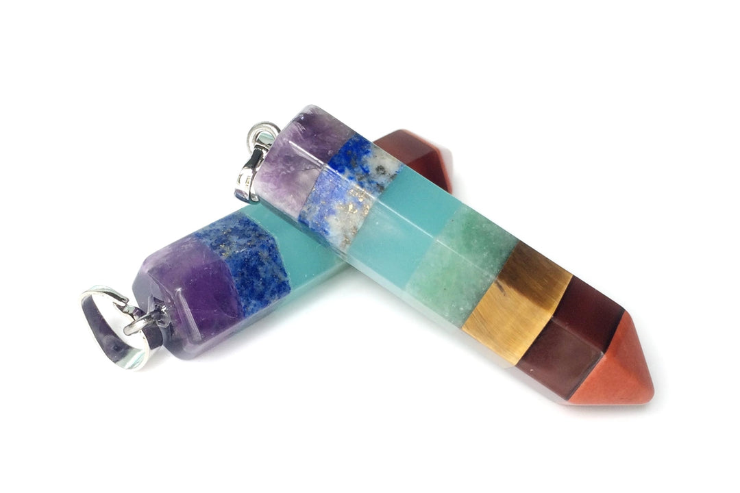 45x11mm 7 Stone hexagon post pendant, Chakra Multi Layered Point