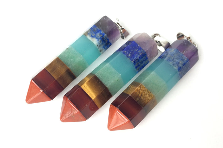 45x11mm 7 Stone hexagon post pendant, Chakra Multi Layered Point