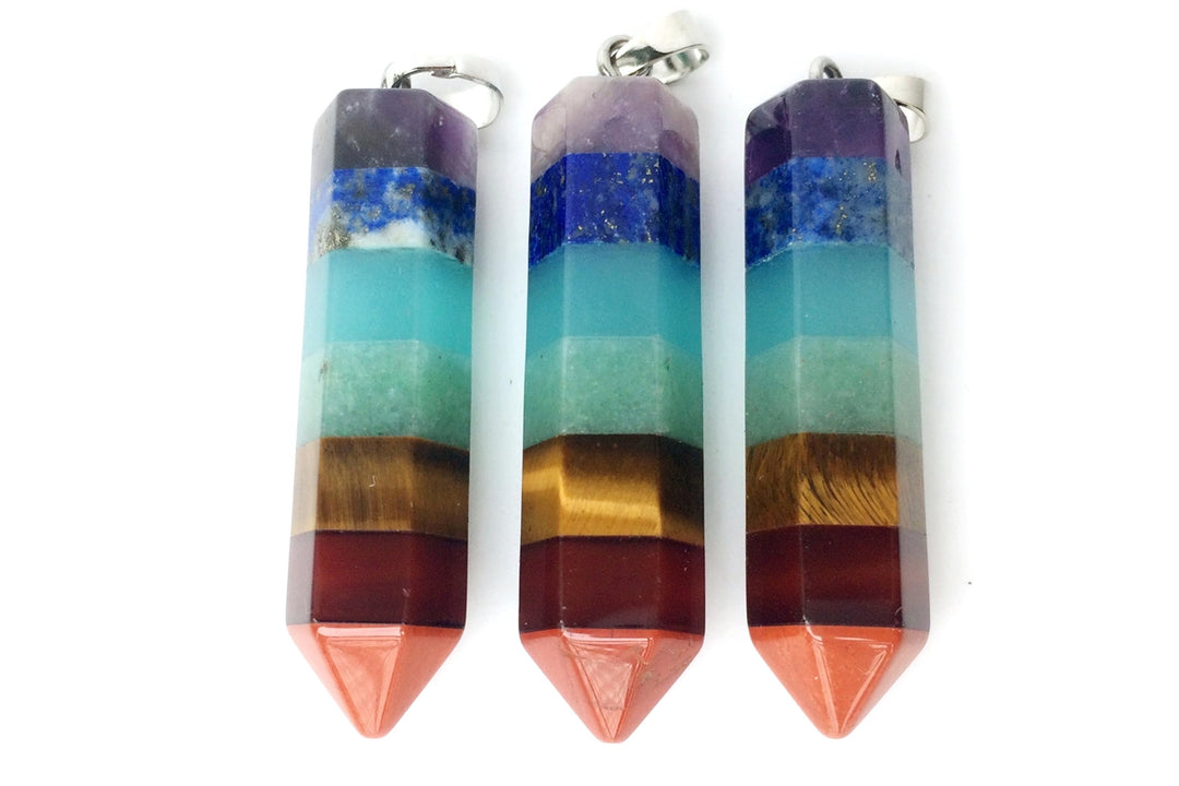 45x11mm 7 Stone hexagon post pendant, Chakra Multi Layered Point