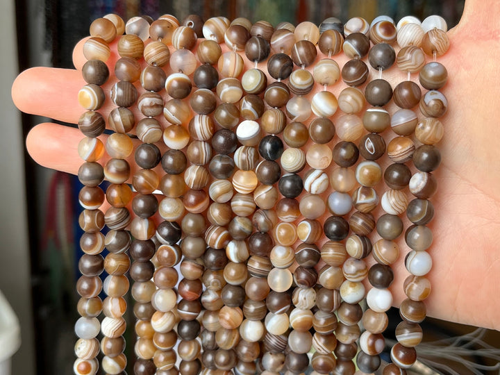 15" 8mm Matte/frosted brown stripe Agate Round beads