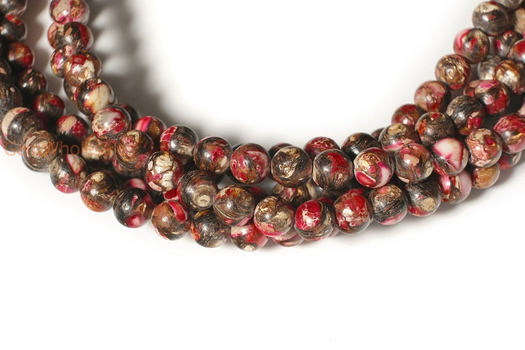 15.5" 6mm/8mm Red Impression Jasper & Gold copper bornite round beads,Sea Sediment,Aqua Terra Jasper