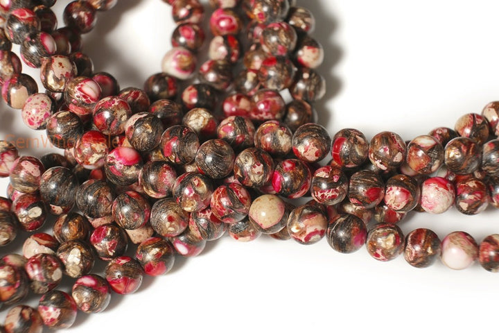 15.5" 6mm/8mm Red Impression Jasper & Gold copper bornite round beads,Sea Sediment,Aqua Terra Jasper