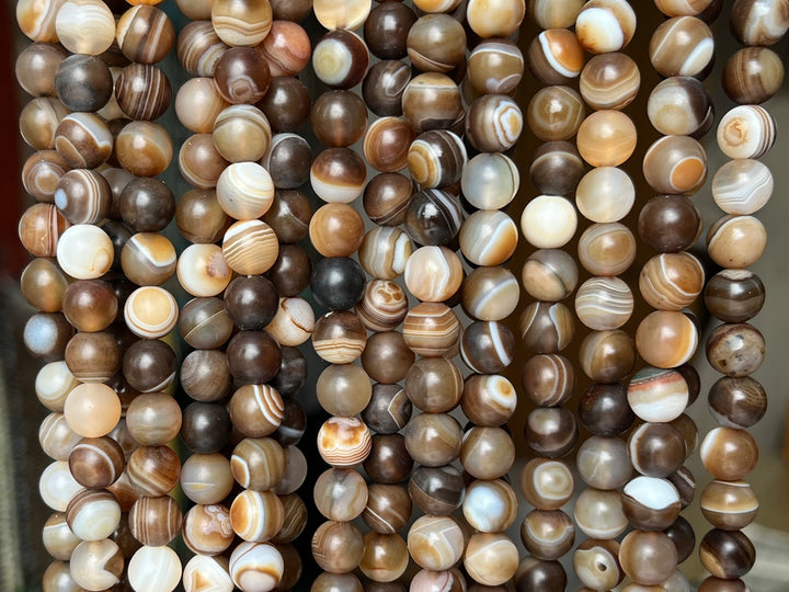 15" 8mm Matte/frosted brown stripe Agate Round beads