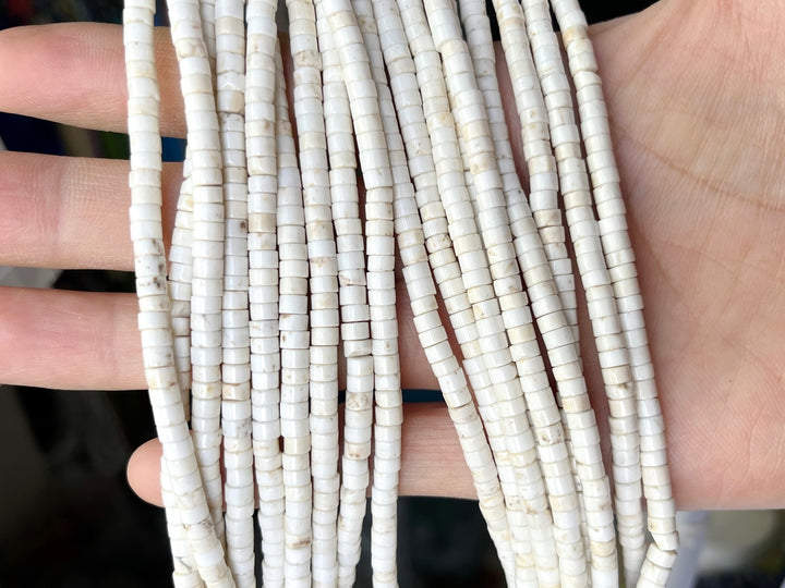 15.5" 4mm White howlite heishi tube beads, Ivory white beige stone