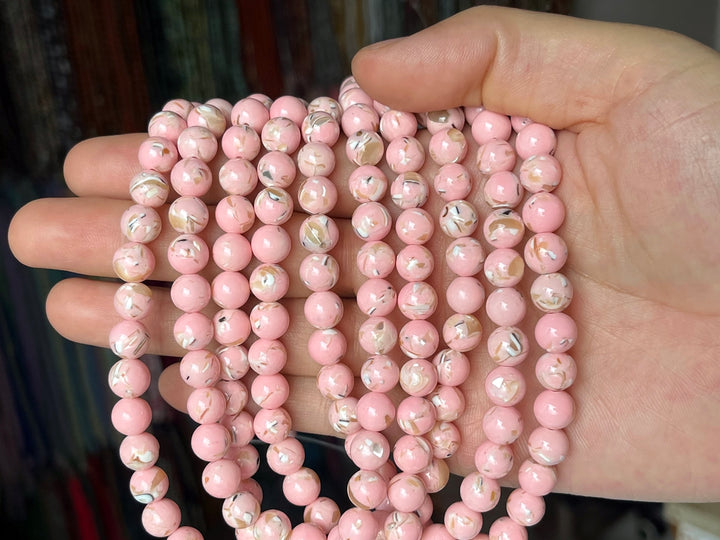 15.5" 6/8/10mm Pink Turquoise With Shell Inlay round beads MTL