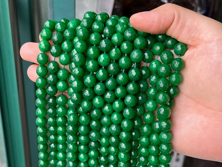 15" 10mm Dark bluish green Malaysian jade Round faceted beads