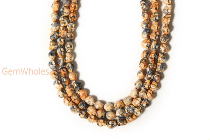 15.5" 10mm/12mm Dyed orange blue rain flower stone skull